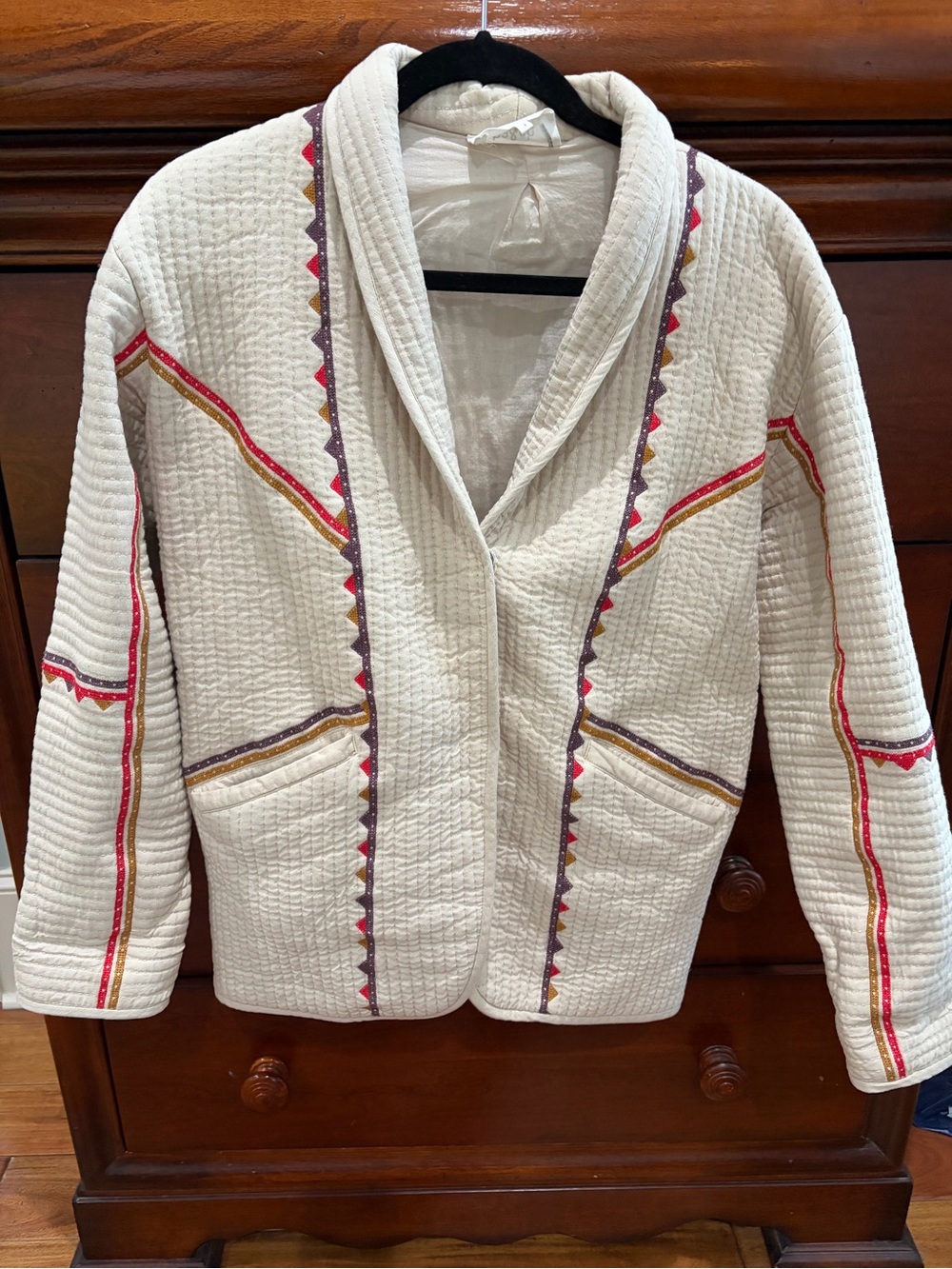 ba&sh Cream Quilted Blazer with Red and Gold Trim